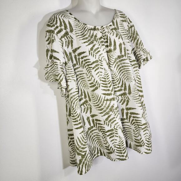 Lane Bryant Womens Flutter-Sleeve Crew Neck Top Sz 22 Olive Leaves Floral Whimsy - Picture 5 of 9